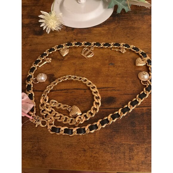 Juicy Couture Gold-Tone & Black Charm Link Dangle Belt M/L Heart Crown Key - Picture 5 of 12